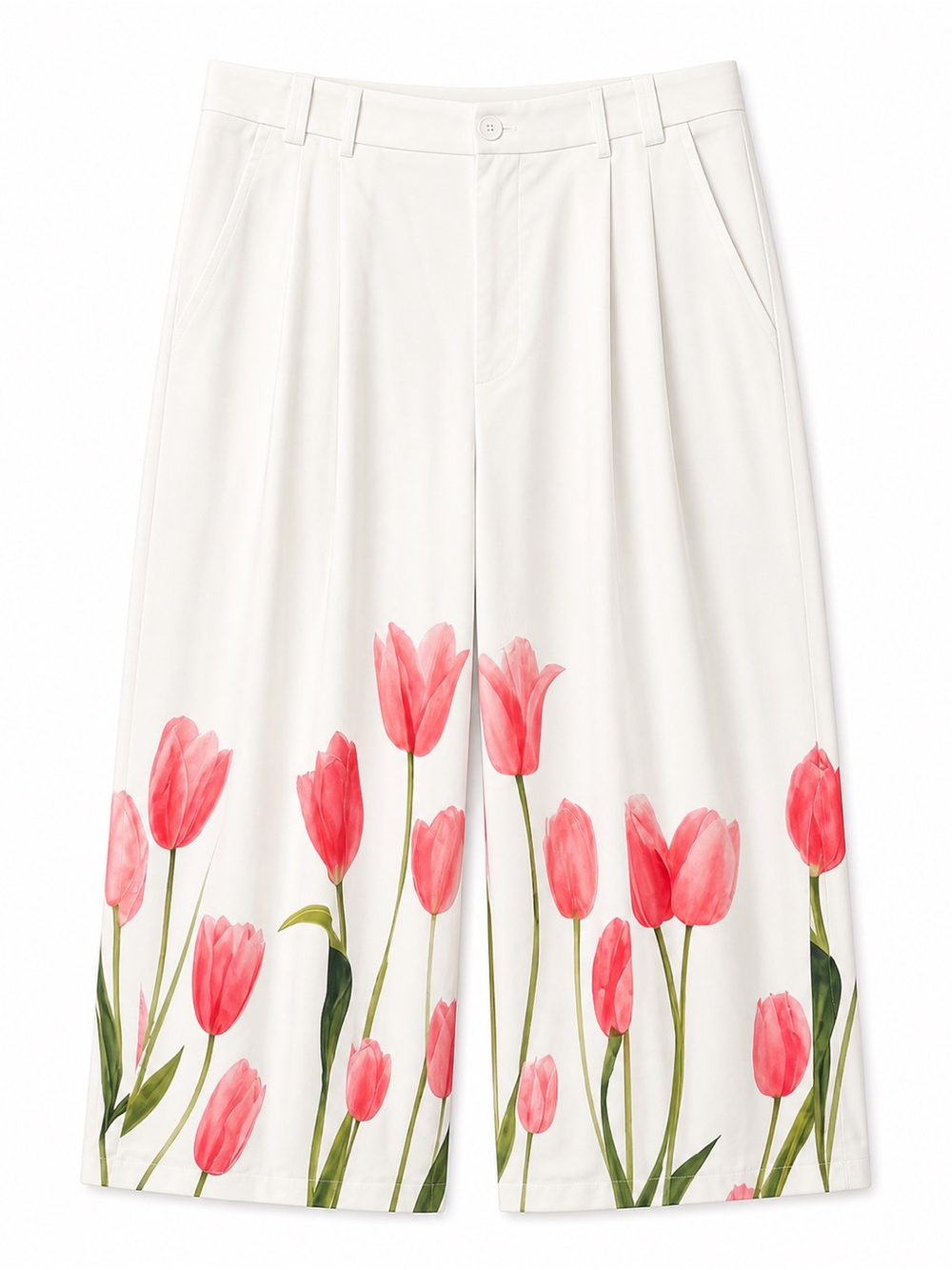 Wide Leg Floral Tulip Print Pants - White/Pink